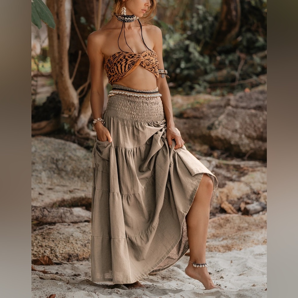 Thaluta 100% Organic Cotton Boho Festival Maxi Skirt or Dress Keela Beige OS